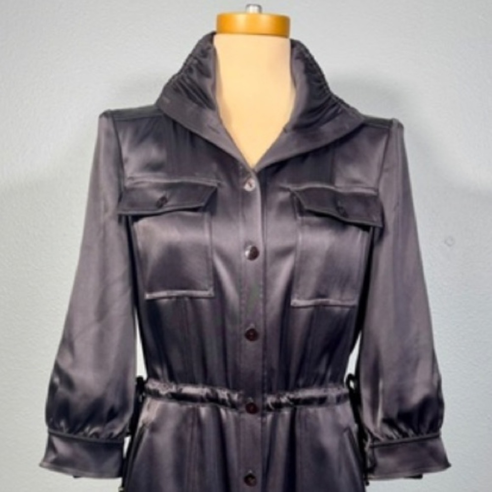 St. John Black Satin‎ Button Down 3/4 sleeves Midi Dress Size 10 - Picture 15 of 16